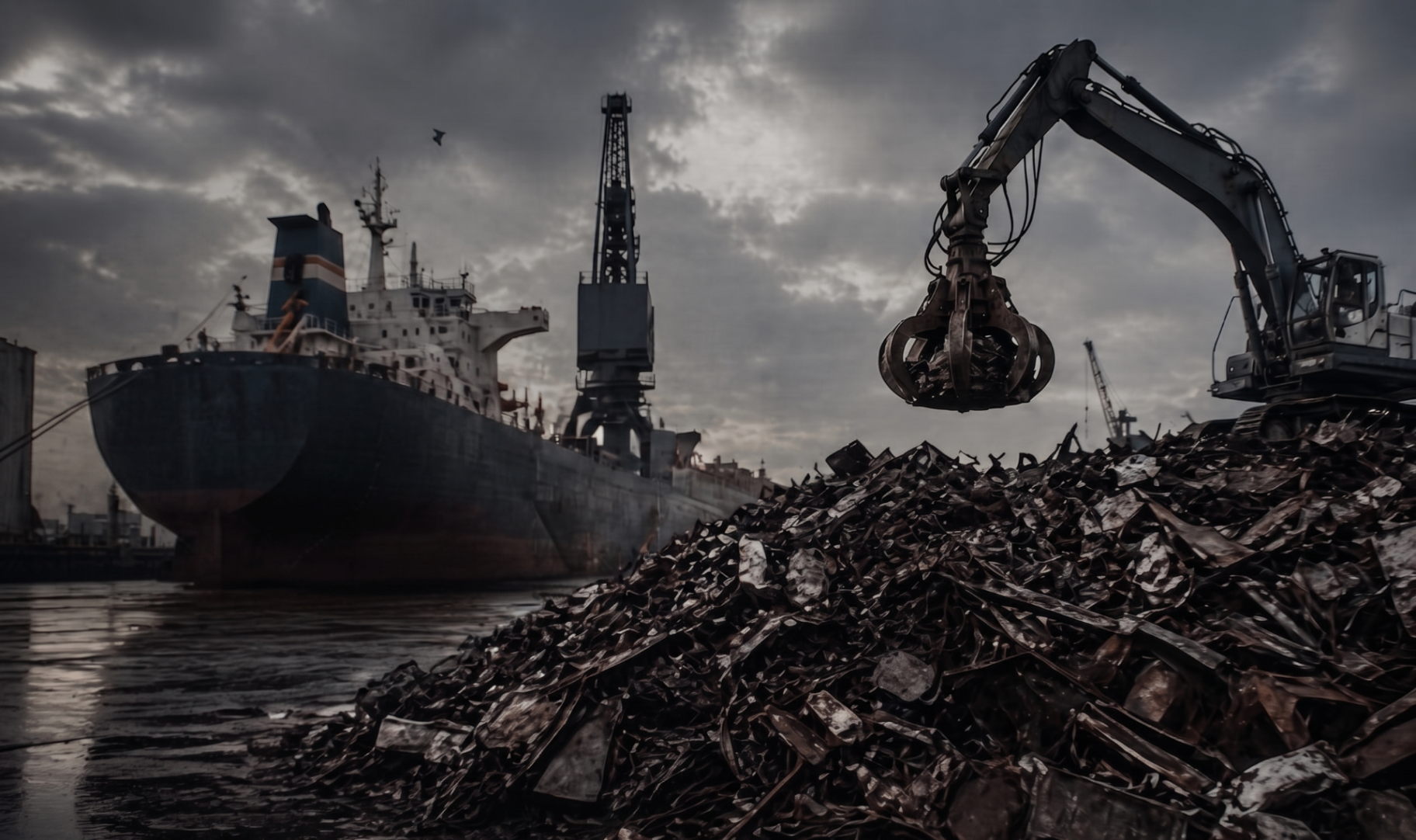 Port with cargo ship and scrap loading operations
